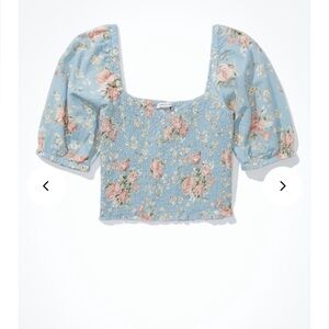 American Eagle Cottagecore Floral Powder Blue Puff Sleeve Smocked Crop Top